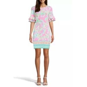NWT PAPPAGALLO
Floral Double Ruffle Sleeve Dress, Pink and Green